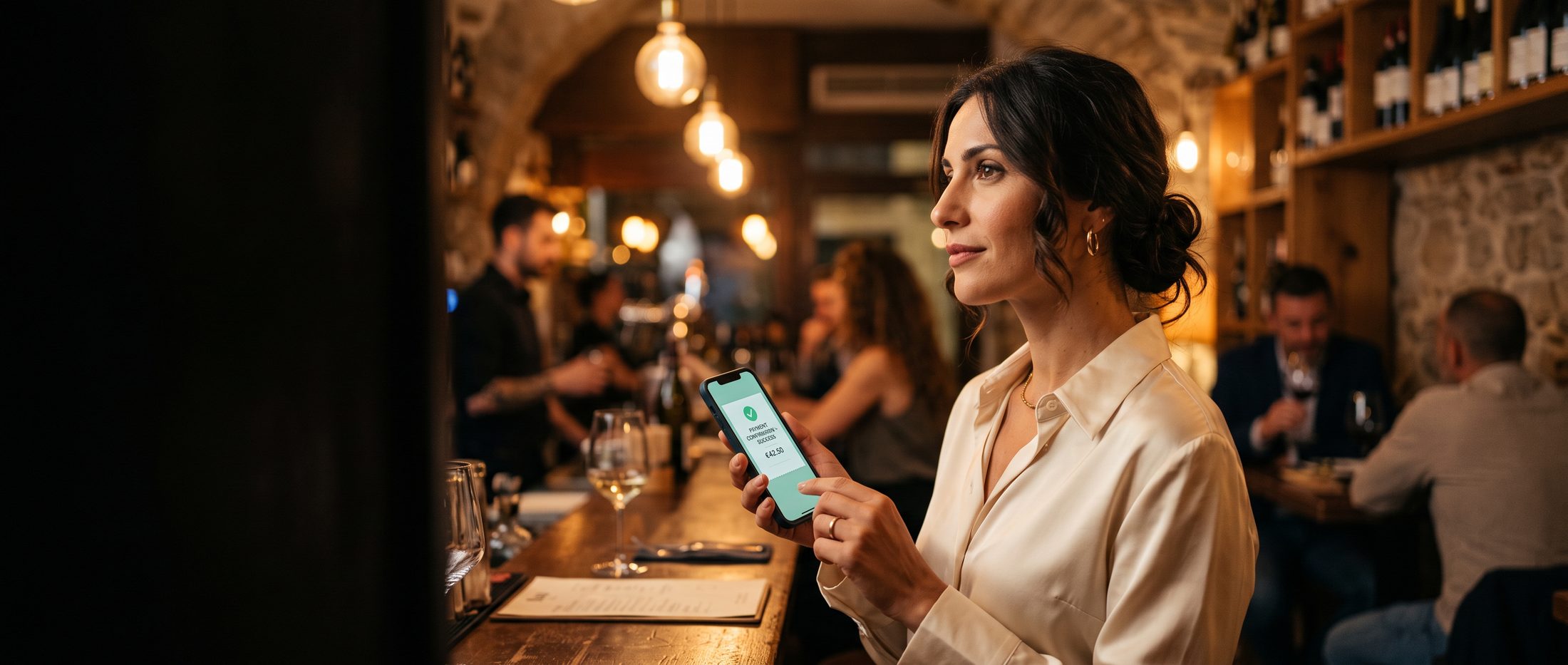 Una comerciante en un bar de vinos por la noche, mirando un pago en su teléfono