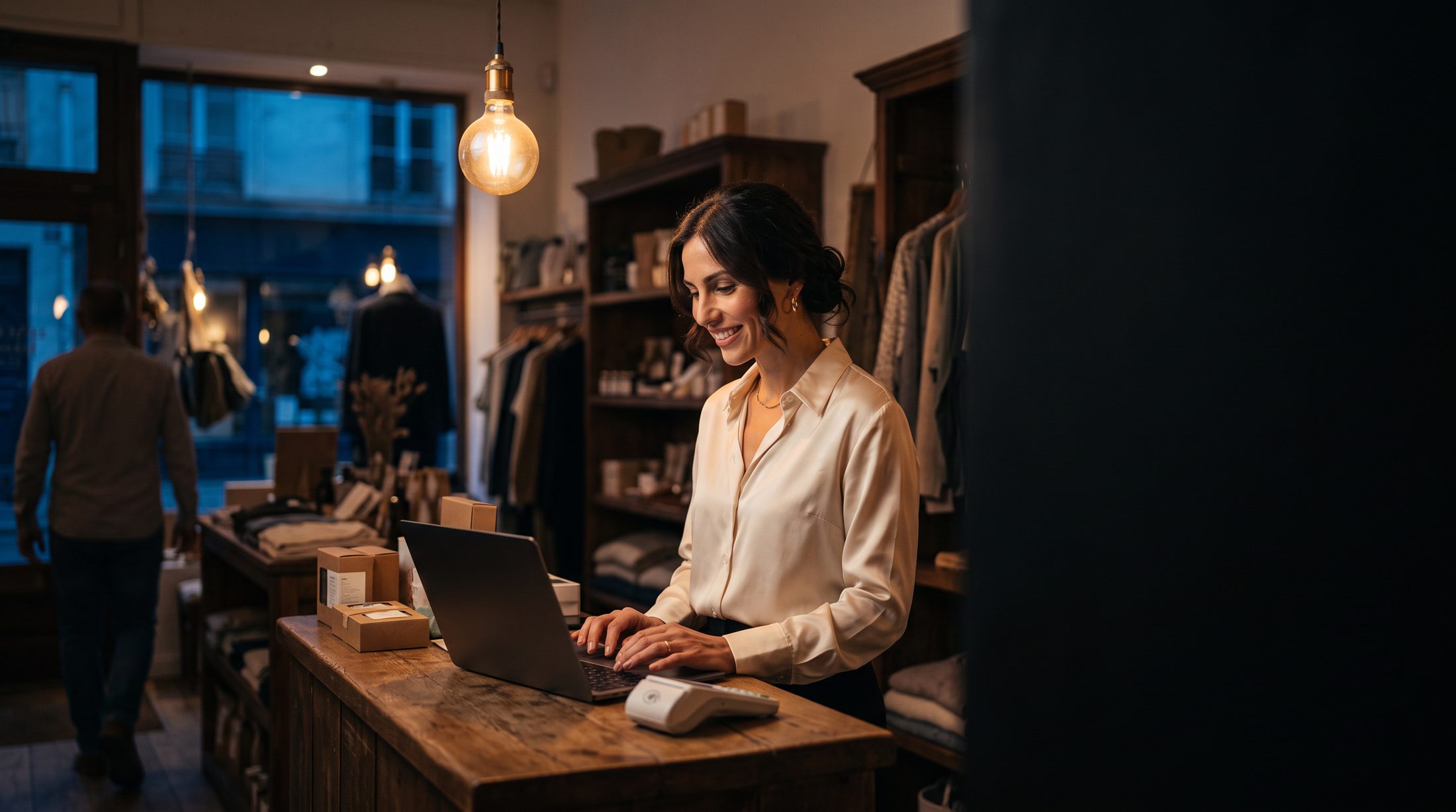 Maya en el mostrador de su tienda con un portátil